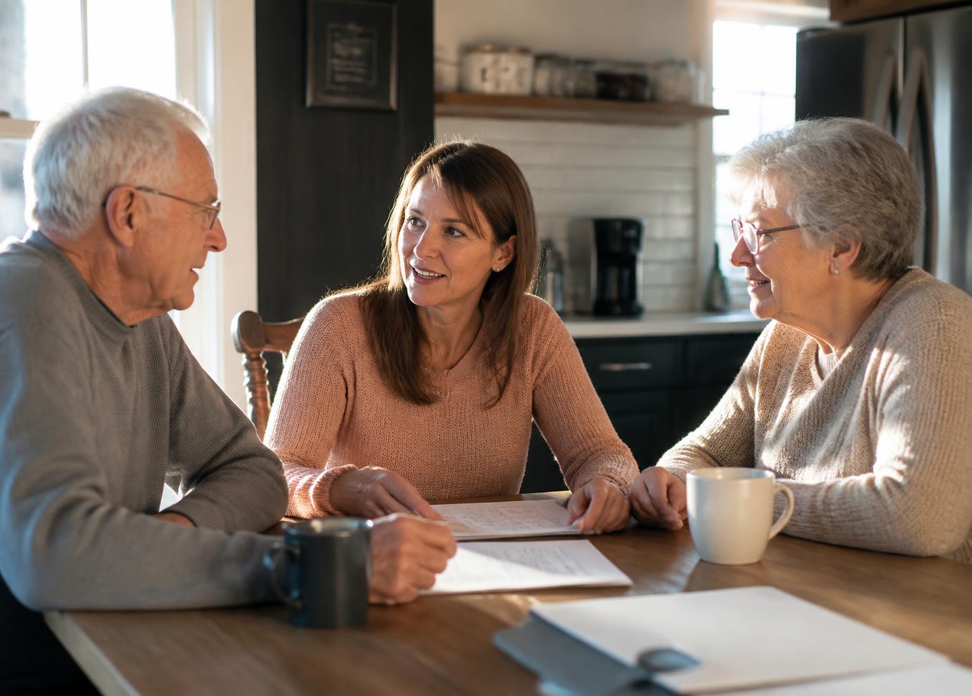 An adult daughter talking with her parents at their kitchen table