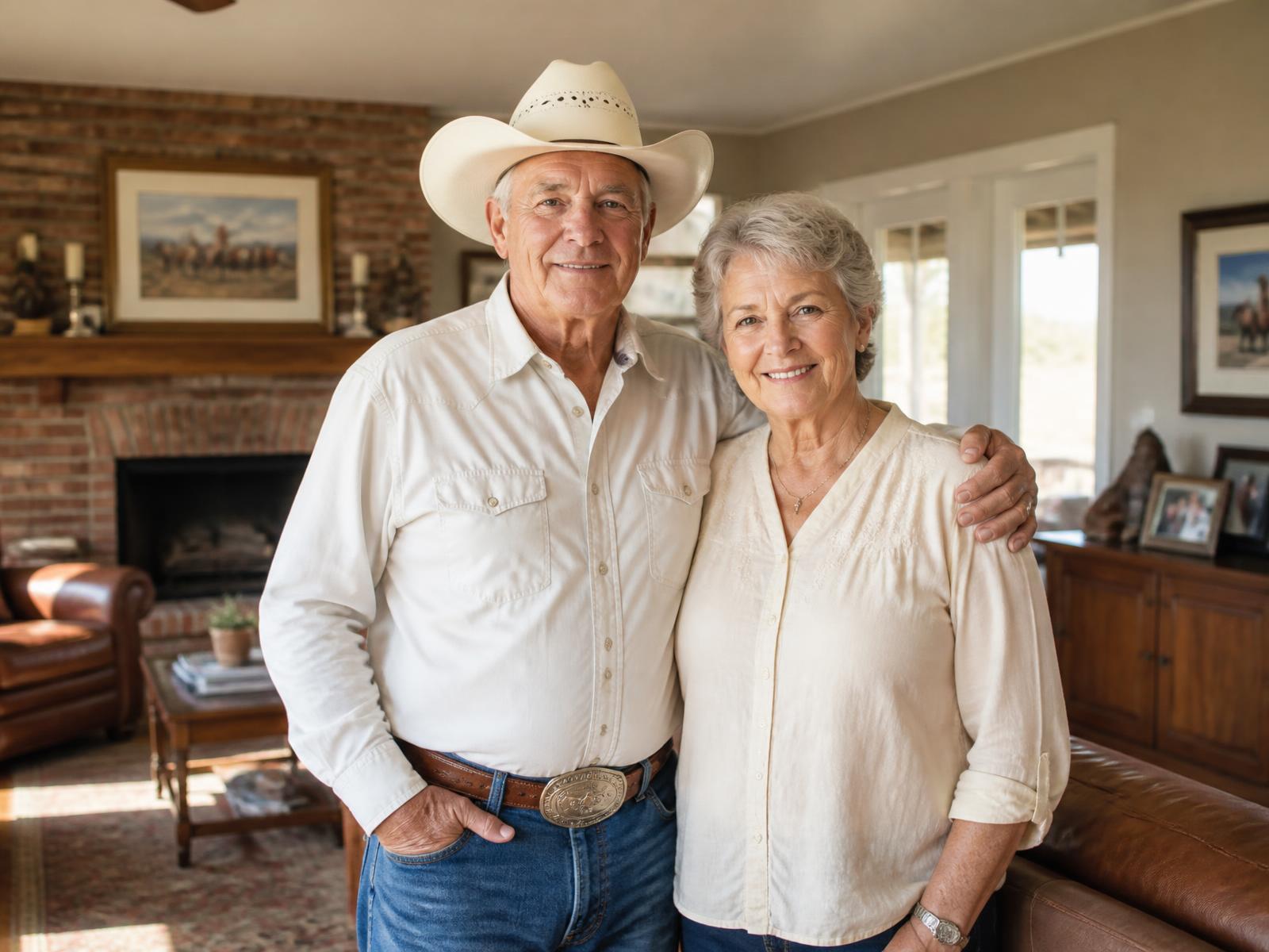 A mature Texas couple standing together in the living room of their home